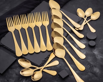 Handgemaakte besteklepels set van 22 stuks, luxe gouden besteklepels set van vork, woestijnlepel, theelepel, serveerlepel, beste cadeau voor haar