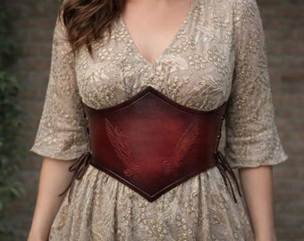 Handmade Leather Corset Belt, Tooled Underbust Renaissance Belt
