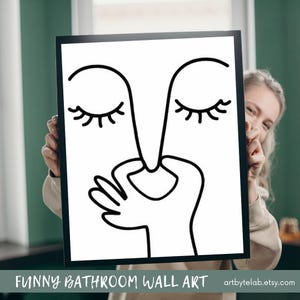 Funny Nose Holding Bathroom Print, Minimalist Line Art Wall Decor, Black and White Wall Art Prints, Guest Bathroom Sign, Downloadable Print