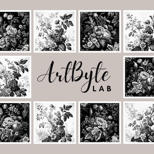 Vintage Black and White Floral Wall Art Set of 10, Monochrome Botanical Digital Prints, Elegant Square Decor for Bedroom or Gallery Wall Art