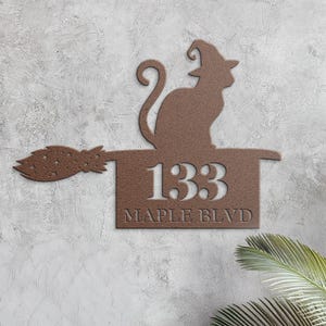 Witch Cat on Broom Metal Sign – Gothic House Number Plaque, Custom Die Cut Steel Home Sign, Housewarming Gift, 3 Colors, Made in USA
