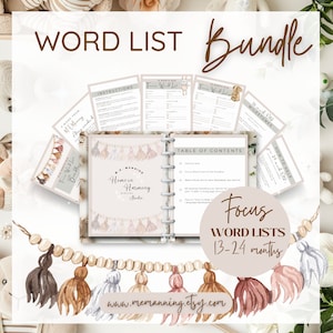 May include: A printable bundle of word lists for children ages 13-24 months. The bundle includes a table of contents, instructions, and a list of milestones. The word lists are designed to help parents track their child's language development. The cover features a watercolor illustration of a garland with tassels in shades of brown, pink, and gray.