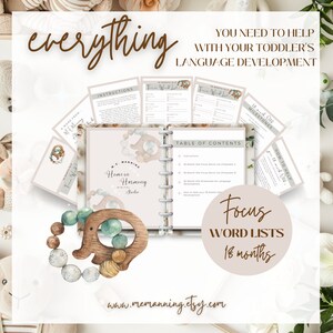 May include: A digital product with the text "everything YOU NEED TO HELP WITH YOUR TODDLER'S LANGUAGE DEVELOPMENT". The image includes a wooden elephant-shaped teether, word lists, and a planner with the text "Home in Harmony Studio".