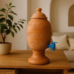 Waterdispenser van Marokkaanse klei met kraan – Handgemaakte terracotta kan – Natuurlijke opslag van gefilterd water – Milieuvriendelijk aardewerk –