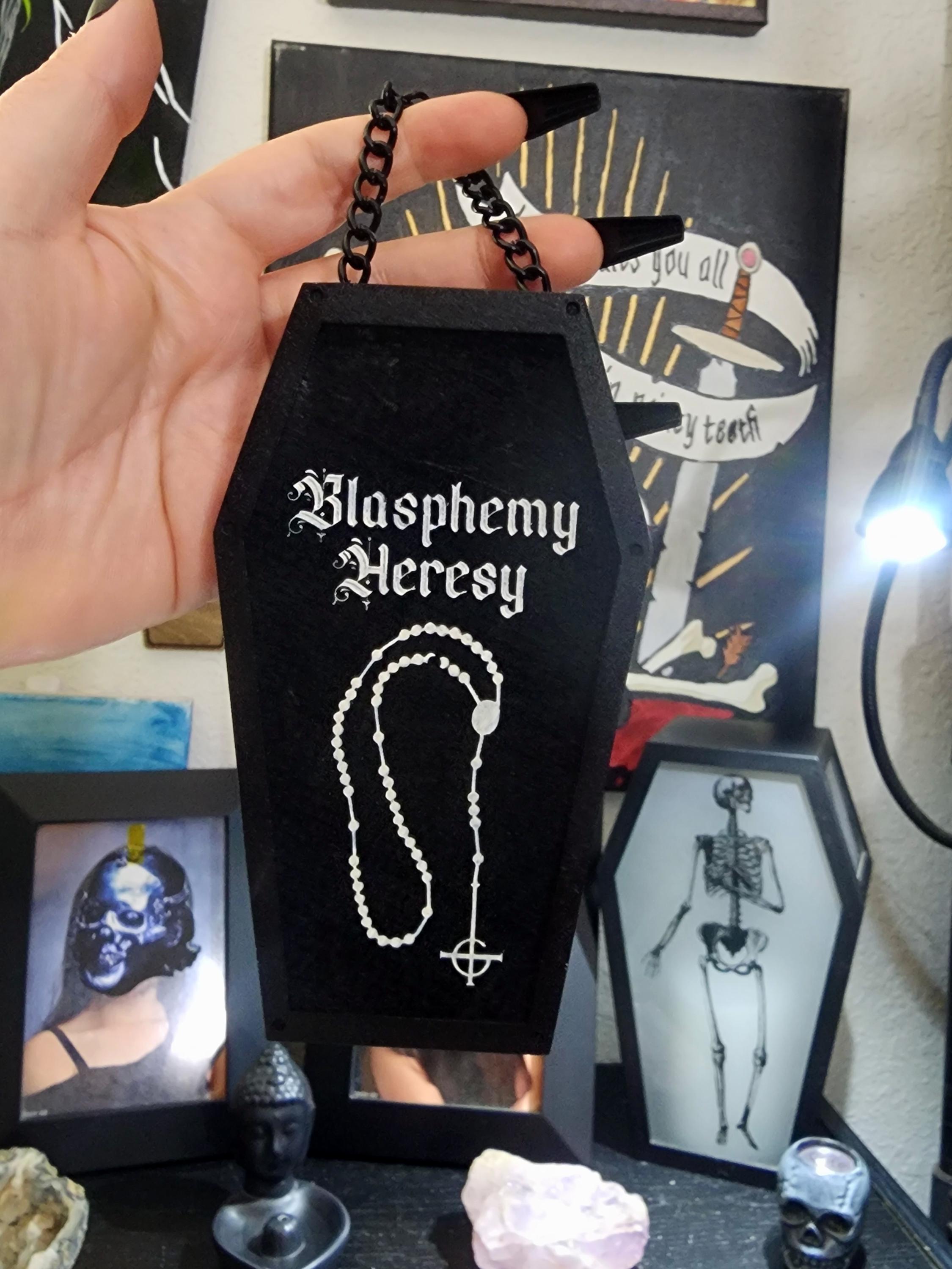 Blasphemy! Heresy! Gothic Wall Art Ghost Band Engraved Wooden Coffin Plaque Sign Goth Home Macabre Dark Decor Grucifix Band Logo Metal Music