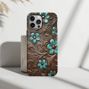 Leather Tooled Turquoise Flowers Phone Case, Western Style Magnetic Protective Case, Cowgirl Accessories, Country Western Gift,
