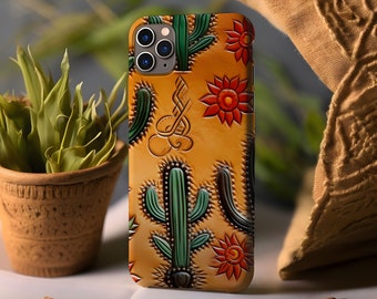 Western Phone Case, Retro Tooled Leather Effect Case, Cactus Flower Phone Case ,MagSafe Tough Case For iPhone 15,14,13, Pro Max, Plus, Mini