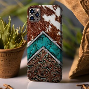 Western Phone Case , Faux Leather Cowhide, Turquoise MagSafe Case For iPhone 16, 15,14,13, Pro Plus, Max, Southwestern Cow Lover Gift