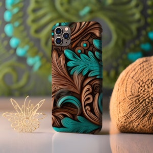 Western Phone Case, Leather Phone Case, Boho Turquoise Tooled Leather Effect Magsafe Phone Case For iPhone 15 14 13, Pro, Plus, Pro Max