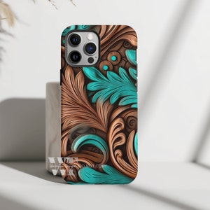 Coque de portable western, coque de portable en cuir, coque de portable imitation cuir turquoise bohème pour iPhone 16 15 14 13, Samsung Galaxy S24, Pixel 8