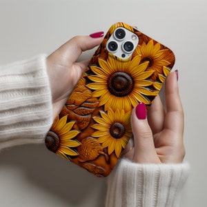 Sunflower Phone Case, Western Phone Case, Fall Season Faux Tooled 3D Leather , Magsafe Case, For iPhone 16 15 14 13,Pro Max, Plus, Mini