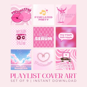 Könnte beinhalten: Ein Set aus neun digitalen Playlist-Covern in Pink und Blau mit verschiedenen Designs, darunter ein Herz, ein Kassettenrekorder, ein Schädel und ein Plattenspieler. Der Text auf den Covern lautet "Popcalypse", "Pixelated Party", "Word Play", "Soul Serum", "Stay Trippie Little Hippie", "Serenity Soundtrack", "Y'allternative", "Flashback Frequencies" und "Amplified Chaos".