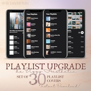 Könnte beinhalten: Ein Set mit 30 digitalen Playlist-Covern im "Dizzy Aesthetic"-Stil. Die Cover zeigen eine Vielzahl von farbenfrohen, abstrakten und vintage-inspirierten Designs. Der Text "PLAYLIST UPGRADE" und "The Dizzy Aesthetic" wird in einer fetten, stilisierten Schrift dargestellt. Der Text "SET OF 30 PLAYLIST COVERS" wird ebenfalls in einer fetten, stilisierten Schrift dargestellt. Der Text "*Instant Download!" wird in einer kleineren Schrift dargestellt.