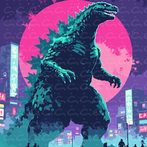 以下が含まれることがあります： 夜の街に立つ、大きなダークグリーンのモンスター、ゴジラのデジタルイラスト。ゴジラの後ろには大きなピンク色の円があります。ネオンサインのある建物と人々のシルエットが背景にあります。
