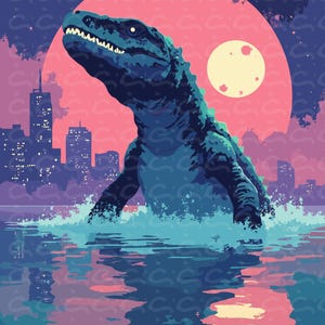 May include: A digital illustration of a large, blue monster emerging from water, set against a pink and purple sky with a full moon and city skyline. The monster's reflection is visible in the water. The artist's name, Sabry Studio, is at the bottom.