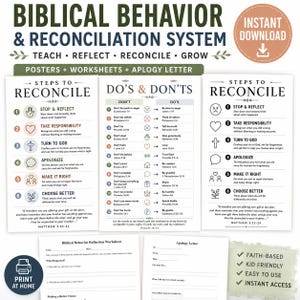 Arbeitsblätter zu christlichem Verhalten und Disziplin für Kinder | Poster zur biblischen Reflexion, zum Entschuldigungsbrief und zur Versöhnung