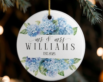 Hydrangea Wedding Ornament - Personalized  Watercolor Ceramic Family Ornaments for Newlyweds