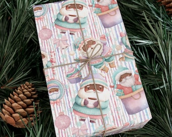 Black Santa Wrapping Paper - Pastel African American Santa Claus Christmas Holiday Gift Wrap for Kids