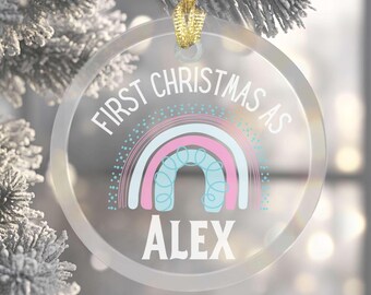 Trans Pride Rainbow Ornament, Personalized Glass Christmas Ornaments, Rights Gift, Pride Decor Queer Custom Flag Subtle LGBTQ Name Change