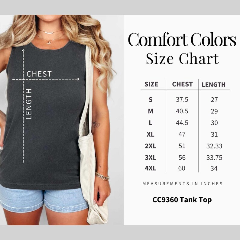May include: A dark gray tank top with a size chart labeled "Comfort Colors" is displayed. The chart shows chest and length measurements in inches for sizes S to 4XL. The tank top is labeled "CC9360 Tank Top."