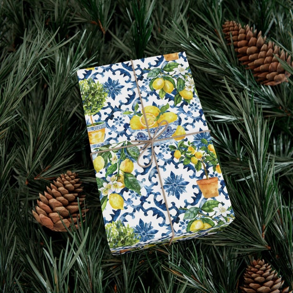 Positano Amalficore Wrapping Paper Roll, Sicilian Olive Branch Italian Theme Mediterranean  Wedding Paper Gift Wrap Lemon Amalfi Coast