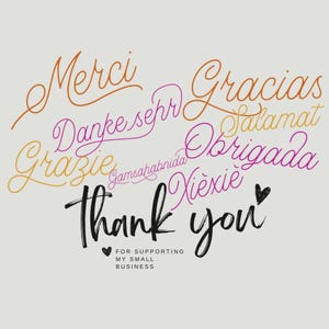 Puede incluir: Un dise&ntilde;o gr&aacute;fico con las palabras "Thank you" en negro, "Merci" en naranja, "Danke sehr" en rosa, "Grazie" en amarillo, "Gracias" en naranja, "Salam" en amarillo, "Obrigada" en rosa, "Gamsahabida" en rosa y "Xiexie" en rosa. El texto est&aacute; sobre un fondo gris claro. El texto "FOR SUPPORTING MY SMALL BUSINESS" est&aacute; debajo del gr&aacute;fico.