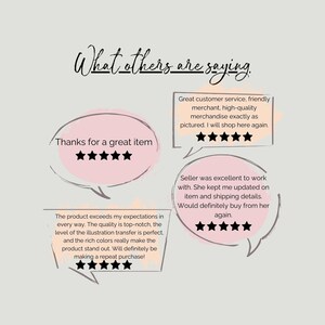 May include: Three customer reviews with five-star ratings for a product. The reviews highlight the quality of the product, the seller's communication, and the overall positive experience. The text in the reviews includes phrases like "great item", "top-notch", "excellent to work with", and "definitely buy from her again".