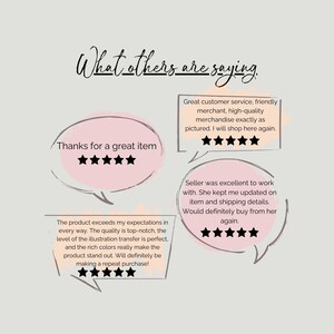 May include: Image showing customer feedback with the heading "What others are saying." The reviews include phrases such as "Thanks for a great item" and "Great customer service." Stars denote satisfaction.
