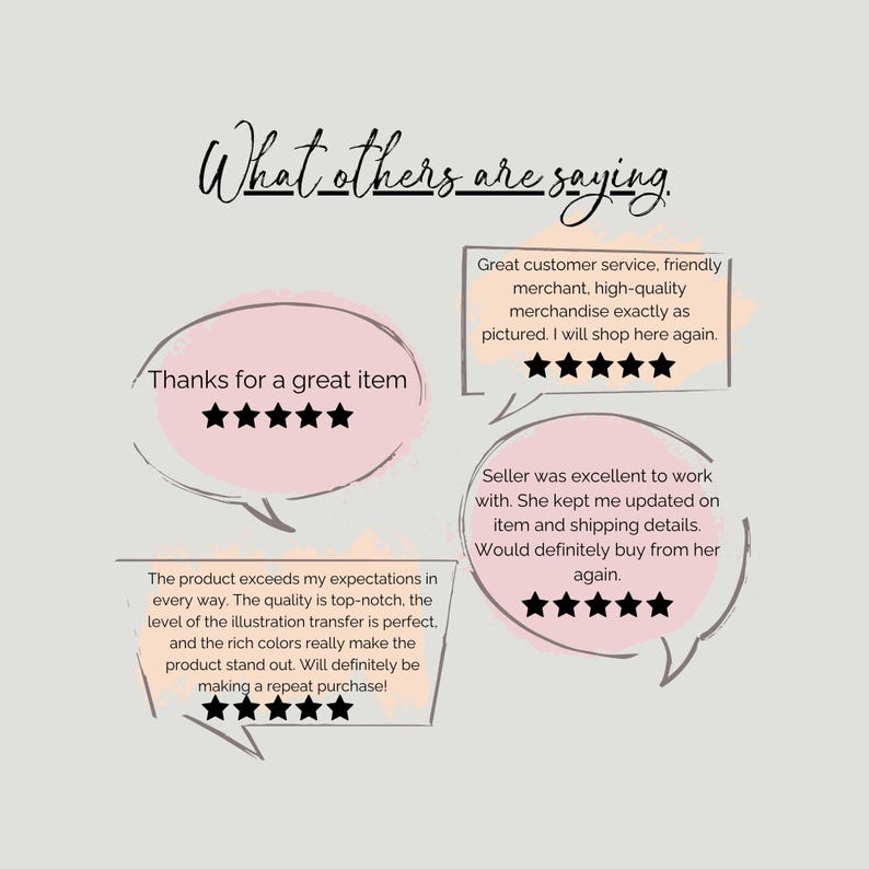 May include: Image showing customer feedback with the heading "What others are saying." The reviews include phrases such as "Thanks for a great item" and "Great customer service." Stars denote satisfaction.