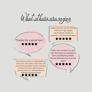 May include: Image featuring customer reviews with text: "What others are saying." Reviews include phrases like "Thanks for a great item" and "Great customer service." Each review is accompanied by a five-star rating.