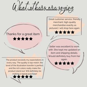May include: Five customer reviews with five-star ratings. The reviews highlight the quality of the product, the seller's excellent communication, and the overall positive experience. The text includes phrases like "great item", "top-notch", "exceeds my expectations", "excellent to work with", and "definitely buy from her again".
