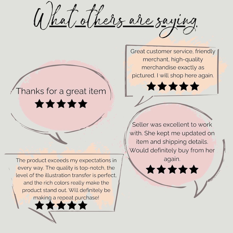 May include: Five customer reviews with five-star ratings. The reviews highlight the quality of the product, the seller's excellent communication, and the overall positive experience. The text includes phrases like "great item", "top-notch", "exceeds my expectations", "excellent to work with", and "definitely buy from her again".