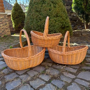 May include: Three woven wicker baskets of varying sizes with arched handles. The baskets are a light brown color and sit on a cobblestone surface. The background includes green bushes and a decorative metal fence.
