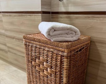 eco-friendly wicker laundry hamper with lid handmade laundry bag, rustic storage basket, toy storage clothes hamper bathroom basket