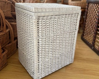 White wicker organizer, laundry basket holder, laundry basket organizer, laundry basket, woven storage basket with lid,  laundry hamper