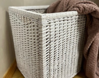 white wicker laundry basket, wicker organizer, laundry basket organizer, laundry basket, woven storage basket, laundry hamper