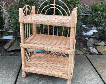 natural wicker book shelf etagere, handmade plant stand shelf, rattan shoe rack shelving unit, boho furniture, vintage style rattan bookcase