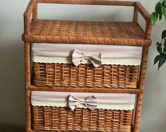 eco-friendly wicker dresser, chest of 3 drawers, boho dresser, retro style chest of drawers, rattan dresser, vintage dresser, boho furniture
