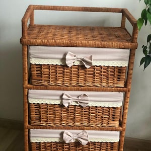 eco-friendly wicker dresser, chest of 3 drawers, boho dresser, retro style chest of drawers, rattan dresser, vintage dresser, boho furniture