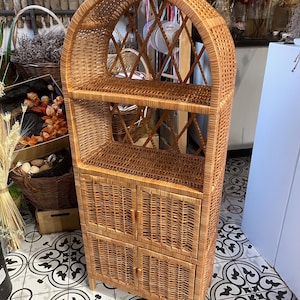 Rustic Wicker Cabinet Arched Shelf Rattan Furniture Boho Decor Book shelf Wicker bookcase Storage plant shelf handmade dresser vintage rack