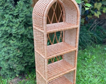 アーチ型籐本棚、ラタン本棚、植物スタンド、ボヘミアン家具、アーチ型