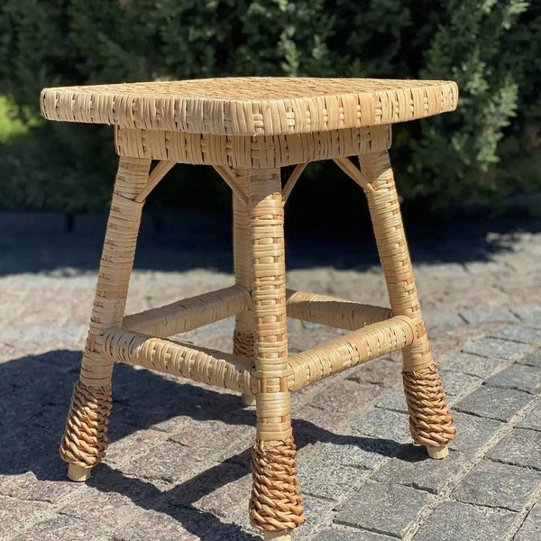wicker stool boho rustic stool small wooden stool wooden stool woven stool boho furniture wicker decor, outdoor patio chairs patio furniture