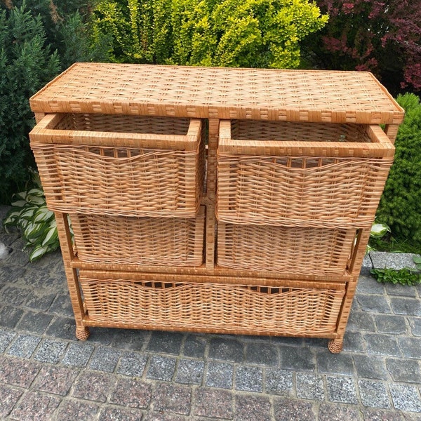 Kommode mit 5 Schubladen, Boho Kommode, Korbkommode, Korbtruhe, Rattan Kommode, Vintage Kommode, Boho Möbel, umweltfreundlich