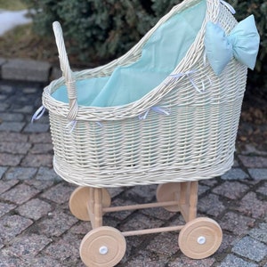 poppenwagen, rieten poppenwagen, babypopkoets met beddengoed en strik, handgemaakte rieten poppenbuggy, cadeau voor meisjes, wilgenpopwagen