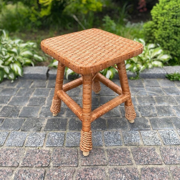 wicker stool, rustic stool, small wooden stool, wooden stool, woven stool, boho furniture, wicker decor, patio chairs, vintage rattan stool
