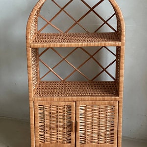 arched wicker shelf dresser cabinet with doors wicker chest of drawers plant shelf bookcase rattan shelf boho dresser bookshelf plant stand