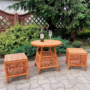 Boho furniture, wicker set (Table + 2 ottoman), wicker coffee table, wicker decor, outdoor garden and decor, wicker chair, ottoman, handmade