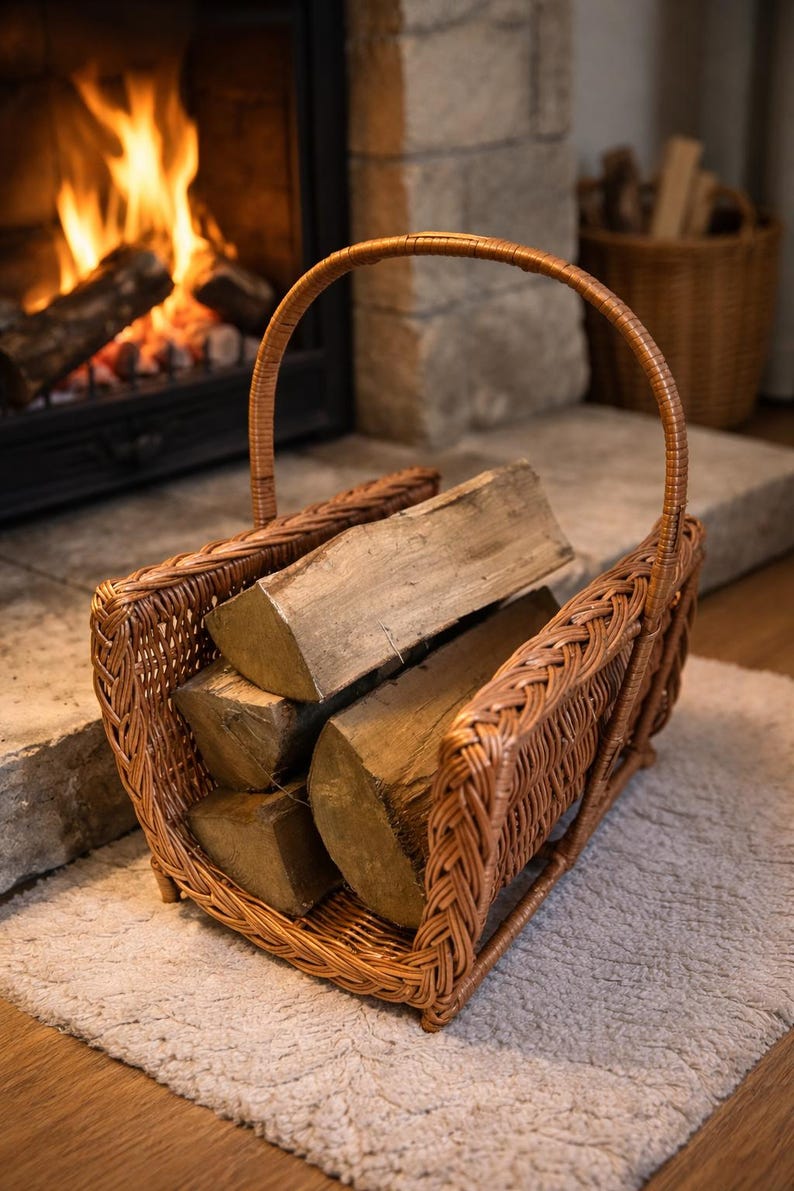 Firewood Holder, Firewood basket, firewood storage, fireplace decor, wicker basket, log carrier, firewood holder indoor, handmade image 1