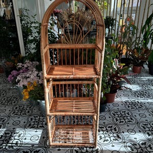 Estantería arqueada de ratán, estantería de mimbre, mueble bohemio, estantería para libros, estantería ecológica hecha a mano para plantas, zapatero, estantería de ratán