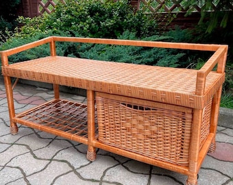 Shoe storage shelf, shoe rack bench, wooden shoe rack, wicker shelf, wicker bench with drawer and shelf, rattan shelf, shoe storage